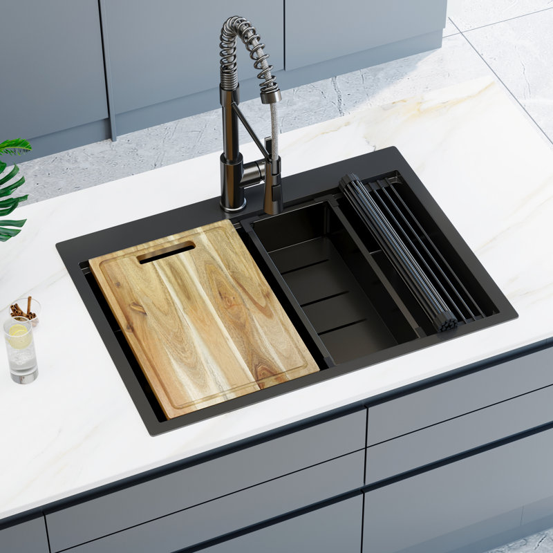 30'' Black Drop-In Single Bowl Kitchen Sink, 16 Gauge Stainless Steel Workstation Kitchen Sink