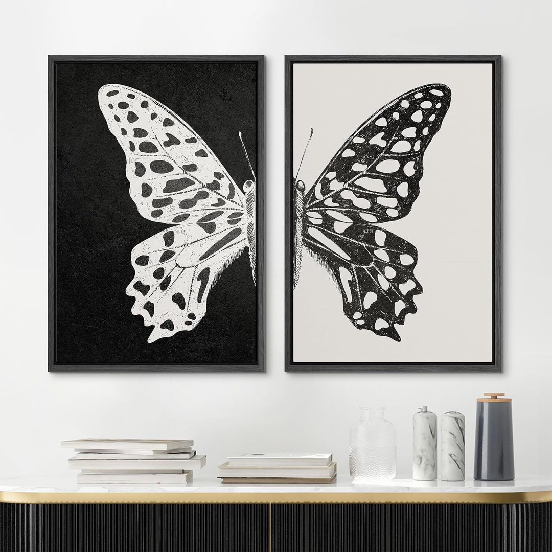 Black And White Butterfly Animals Picture Neutral Artwork Framed On Canvas 2 Pieces Print Wall Art IDEA4WALL Frame 