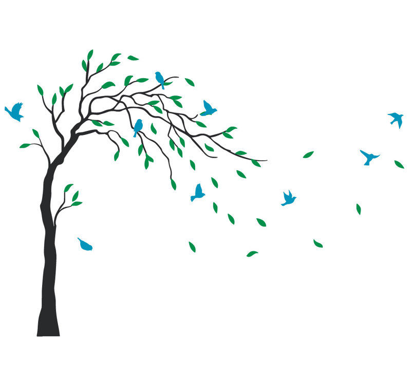 Décalcomanie murale Arbre et oiseaux dans la brise, Noir / vert / bleu