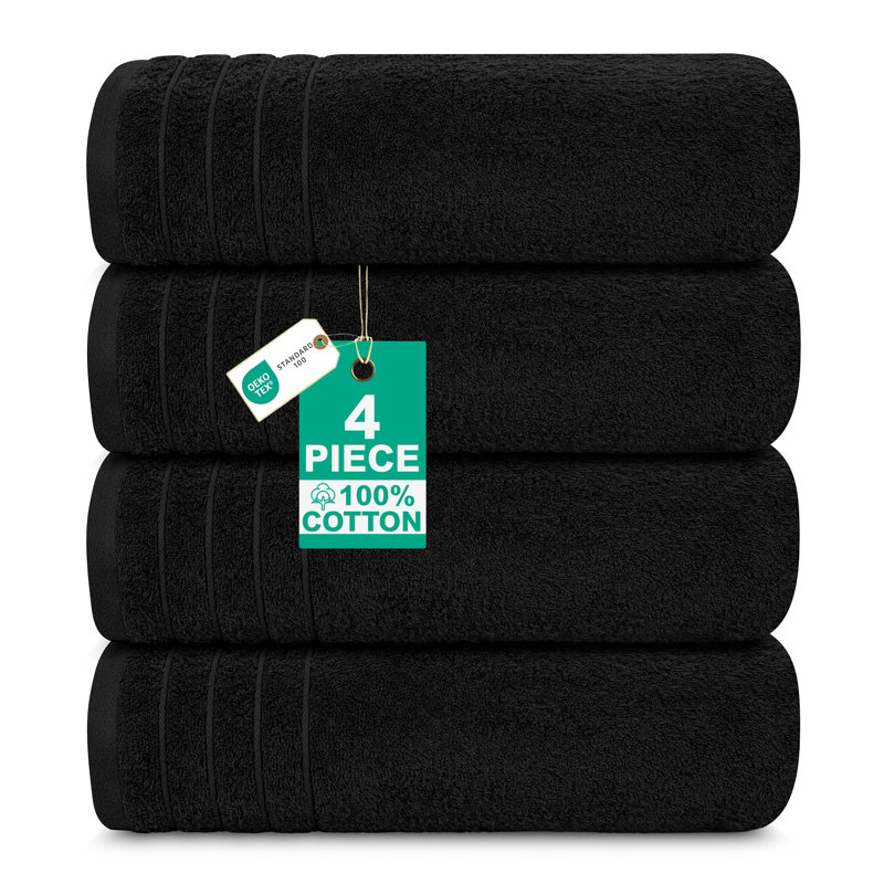100% Cotton Midweight Mulit-Size Set, Black, Bath Towel - 4 Packs