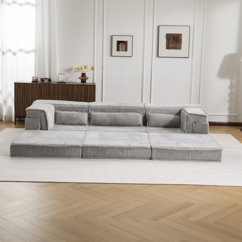 Compression Mahjong Sofa,Convertible Floor Sofa Bed,DIY Boneless Modular Sectional Sofa,No Assembly Required,Circle Fleece Fabric,Oversized 3 Seater With 3 Pillows,Light-Grey