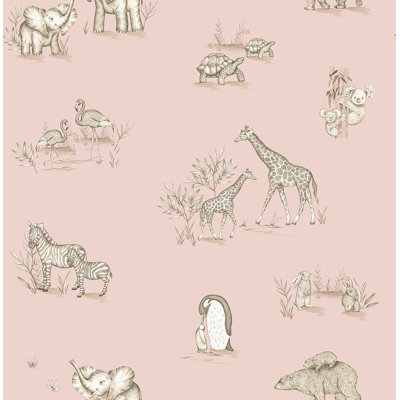 Papier peint safari avec bébés roses