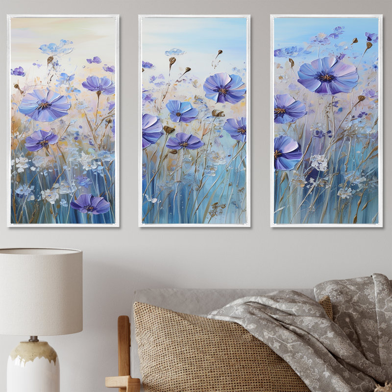 Cornflowers Serenity Flowers Field I - Ensemble de décoration murale champ de fleurs, Cadre flottant blanc