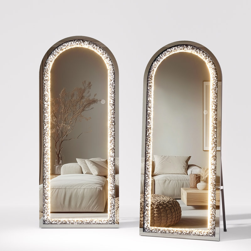 LED Full-Length Mirror Arch Design with Crystal Crush Diamond, Wall Mounted Diamond Mirror Leaning for Living Room Bedroom Dimming & 3 Color Modes with 3-Year Warranty