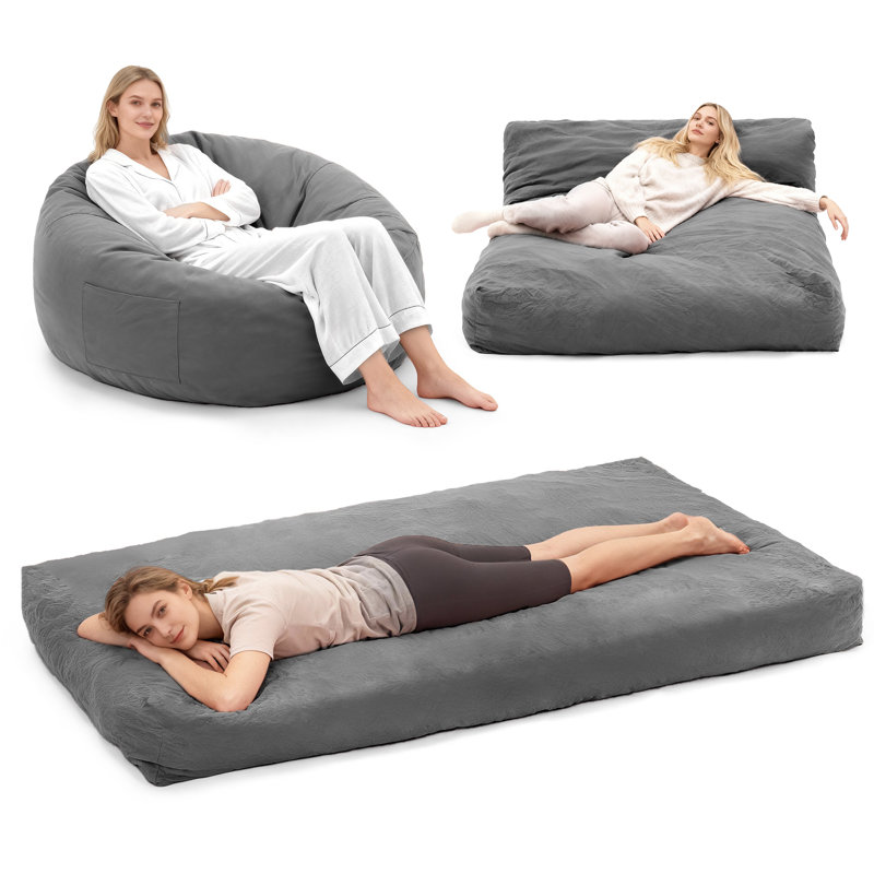 2-In-1 Convertible Bean Bag Chair, Gray, 23.6" H x 35.4" W x 35.4" D
