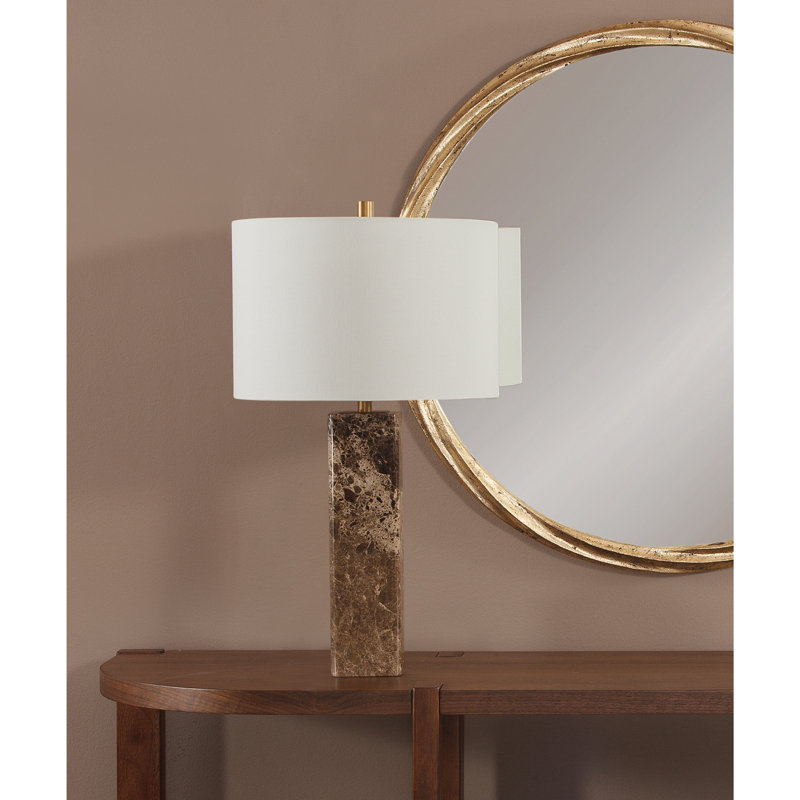 Lampe de table Berrien avec base en marbre brun et abat-jour blanc