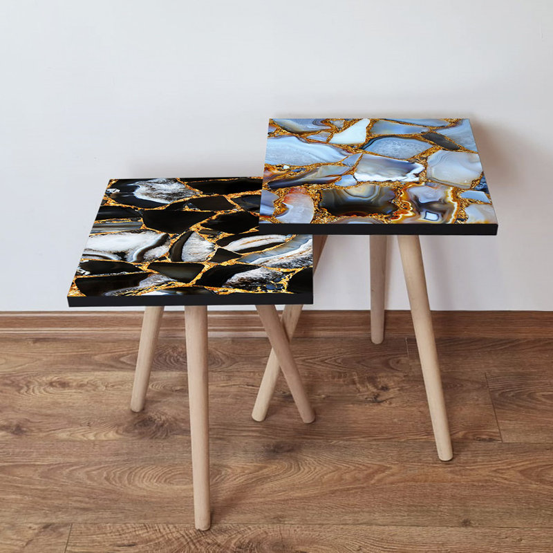 Elegant Marble Nesting Table Set (2 Pieces), Abstract Design, 13.8 x 18.5 x 13.8 inches & 13.8 x 16.5 x 13.8 inches | 100% MDF with Beech Wood Legs, Sturdy & Stylish for Living Room, Modern Home Décor