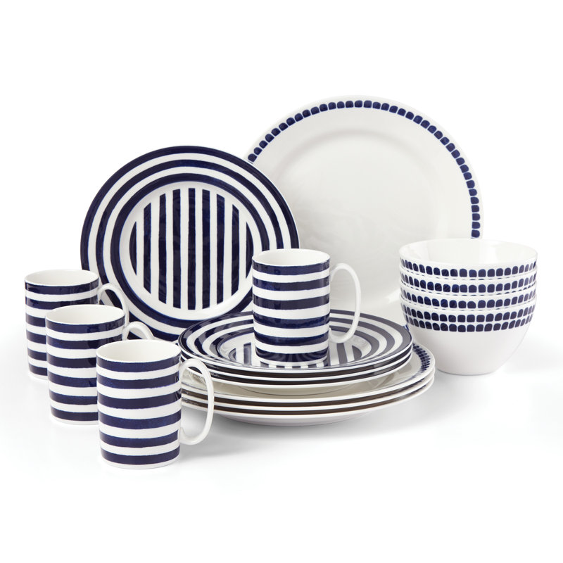 Charlotte Street Porcelain Dinnerware Set - Service for 4, Navy, Dot