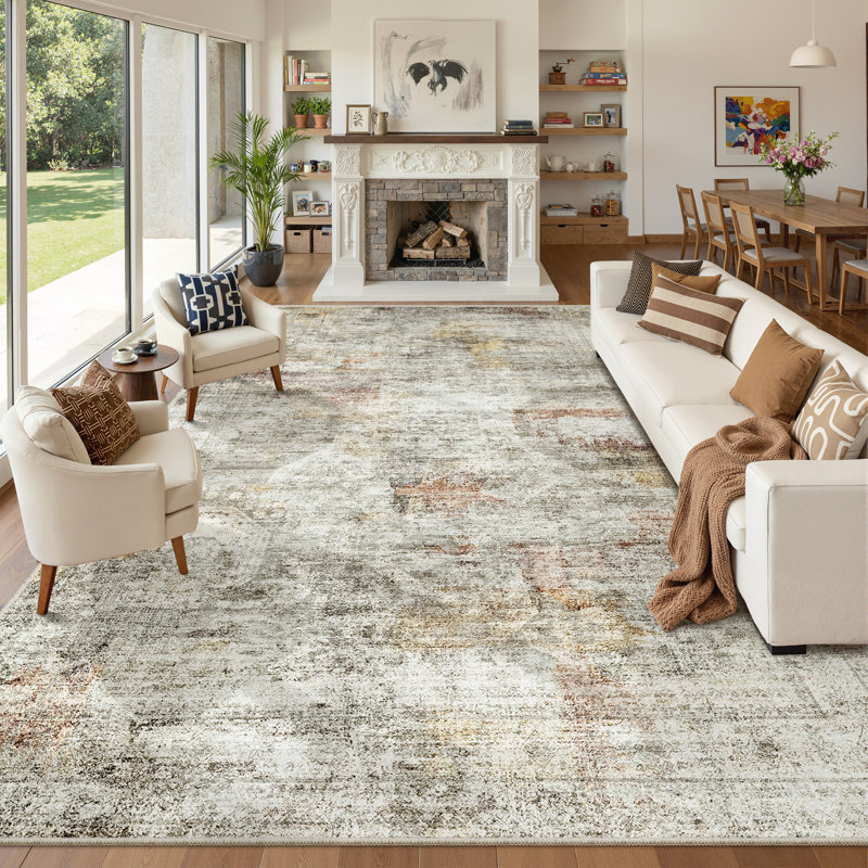 Washable Distressed Persian Rug, Rectangle 10' x 14', Gray/Rust
