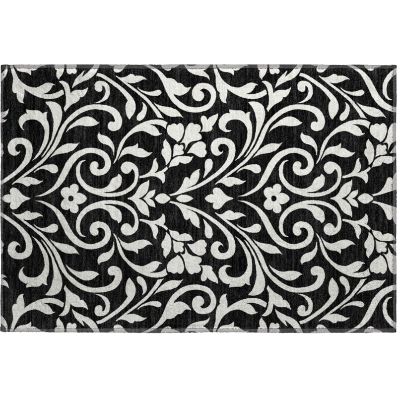 Premium Machine Washable Prisco Black Rug, Rectangle 1'8" x 2'6"