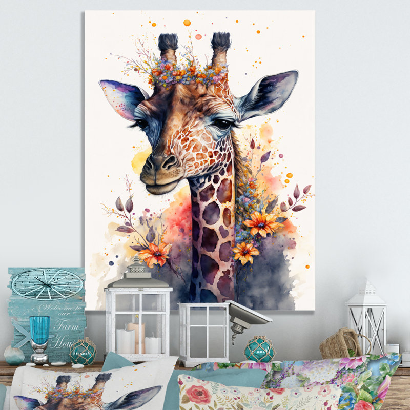 «Cute Giraffe Floral Art I», peinture sur toile, H 32 po x l 16 po x P 1 po, Toile tendue