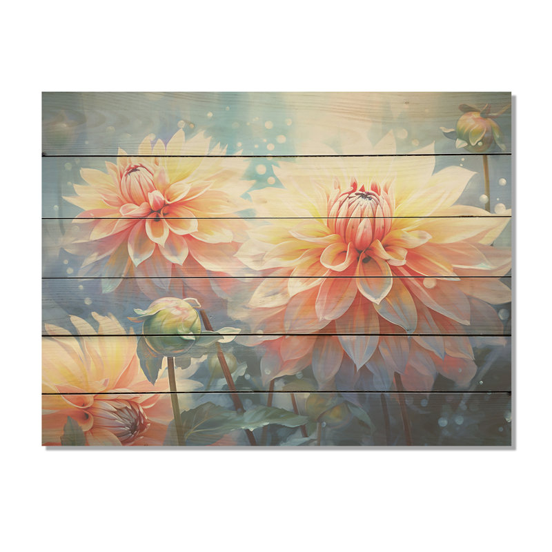 Rêves de dahlia moderne corail et bleu - Art mural en bois de dahlia sur bois de pin naturel, H 30 po x l 40 po