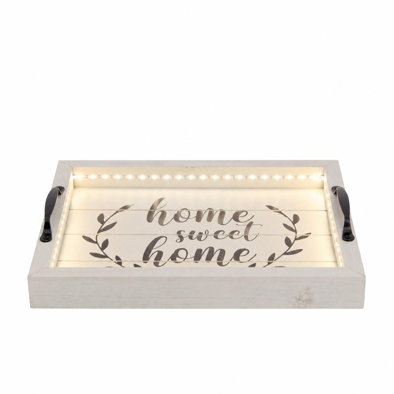 Plateau de service 16 po en bois blanc et noir Home Sweet Home avec poignées et lumières DEL