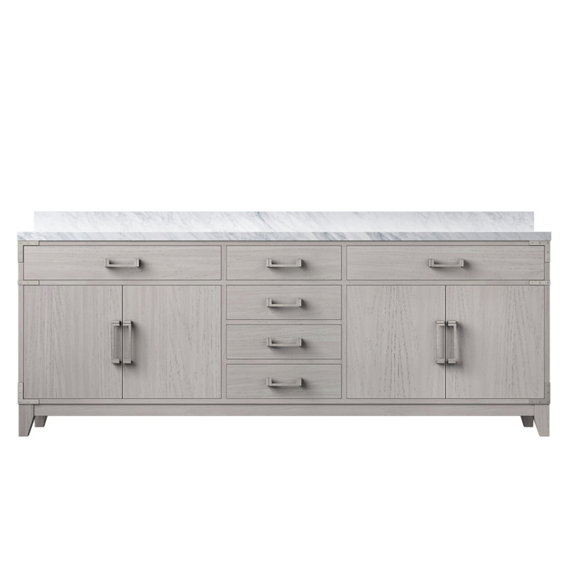 Meuble-lavabo double en chêne blanc 84 po X P 22 po D, avec plateau en marbre de Carrare, Chêne blanc