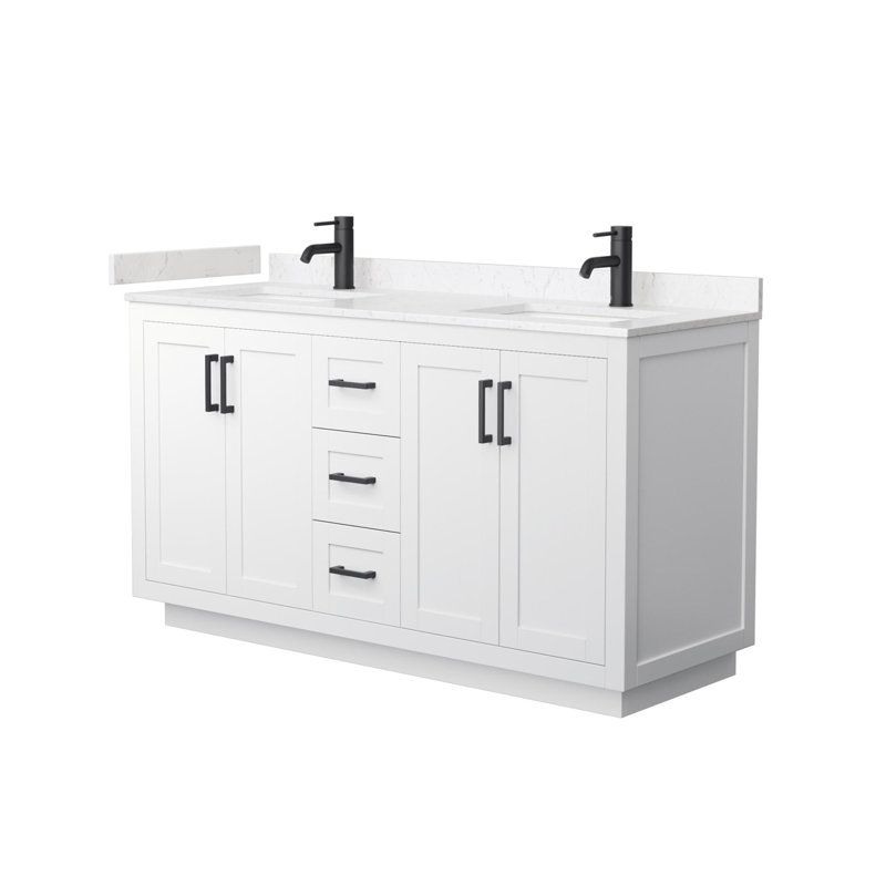 Ensemble de meuble-lavabo double 60 po avec plateau en marbre de culture Miranda, Marbre de culture de Carrare, Blanc