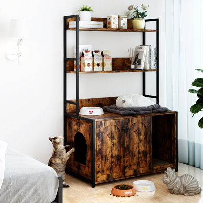 Grand bac à litière avec rangement pour tablette, meubles de toilette cachés pour chat, maison de chat en bois avec patin à griffes, armoire pour chat robuste avec 2 portes