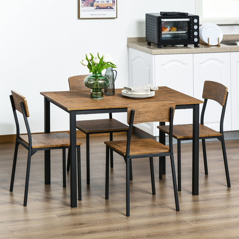 Industrial 5-Piece Dining Set with Dark Walnut MDF and Steel