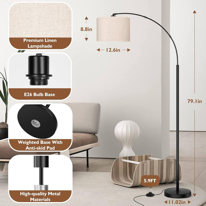 79'' Arc Floor Lamps For Living Room, Modern Standing Lamp With Adjustable Hanging Drum Shade, Black Tall Pole Lamp