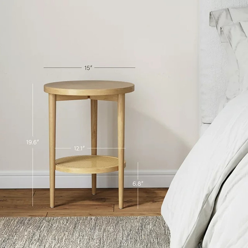 Clarissia Wood & Rattan Round End Table in Warm Pine, Light Brown