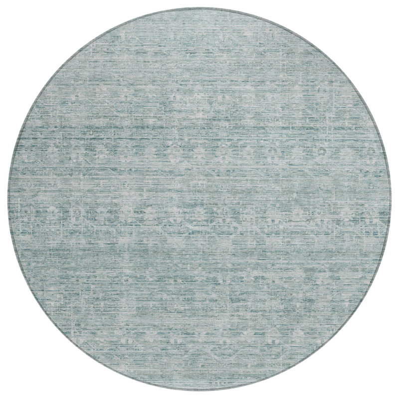 Machine Washable Indoor/Outdoor Xhevrie Turquoise Rug, Round 8'