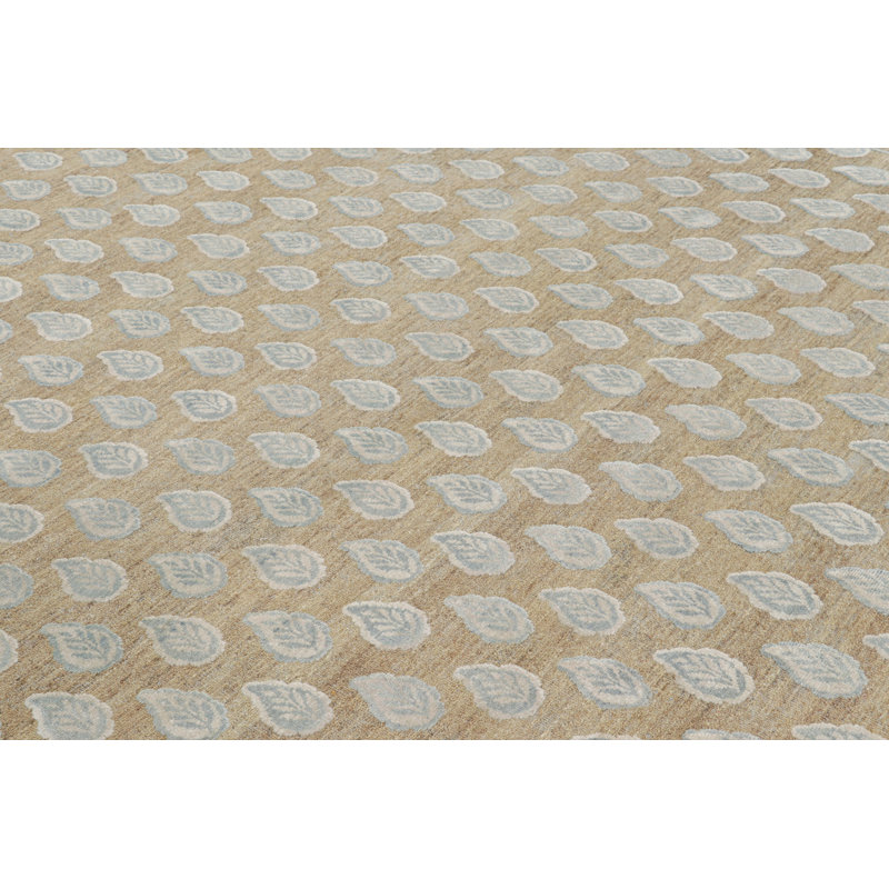 Rug & Kilim’S Modern Block Print Rug In Beige With White And Blue Floral Pattern, Rectangle 10' x 14'