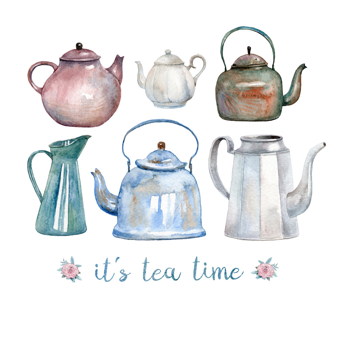 Vintage Aquarell Kettles von Juliia Tochilina - Leinwanddrucke auf Leinwand