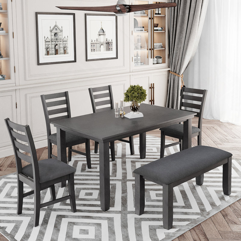 Table et chaises de salle à manger avec banc, ensemble de salle à manger en bois rustique, ensemble de 6, Noir, Gris