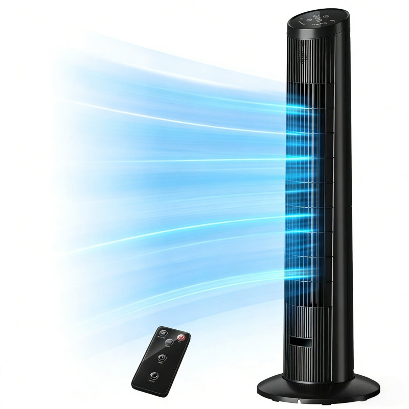 Ventilateur tour sans lame à commande vocale 60w Coocaa - Débit d'air 90 °, aussi silencieux que 10db, 3 vitesses, 3 modes, 15 heures de durabilité, conception sûre et anti-électrocution, noir