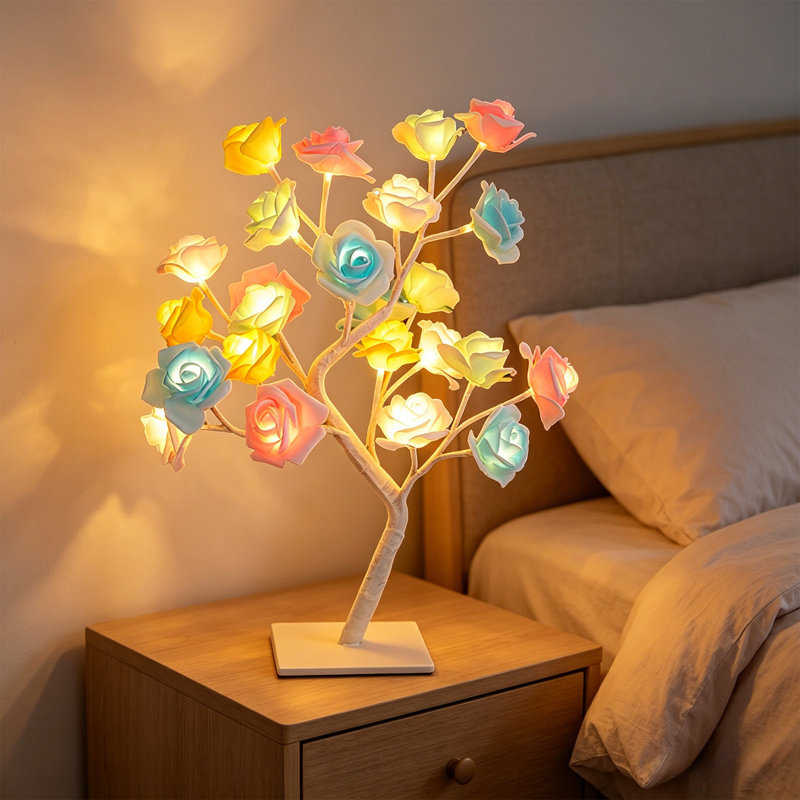 Romantic LED Rose Tree Branch Lamp With USB Fake Flower Night Light For Bedroom Desk Ideal Gift For Birthday Festival Special Occasion
