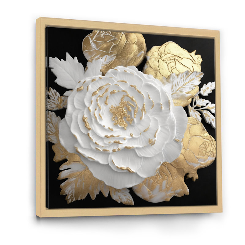 Exquise rose blanche en fleurs, glamour doré I - impression, Cadre naturel flottant, 30" H x 30" W