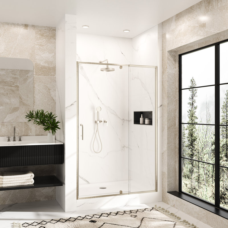 Porte de douche pivotante en verre 46-48 "x H 72" semi-sans cadre avec verre trempé transparent 1/4 ", installation réversible