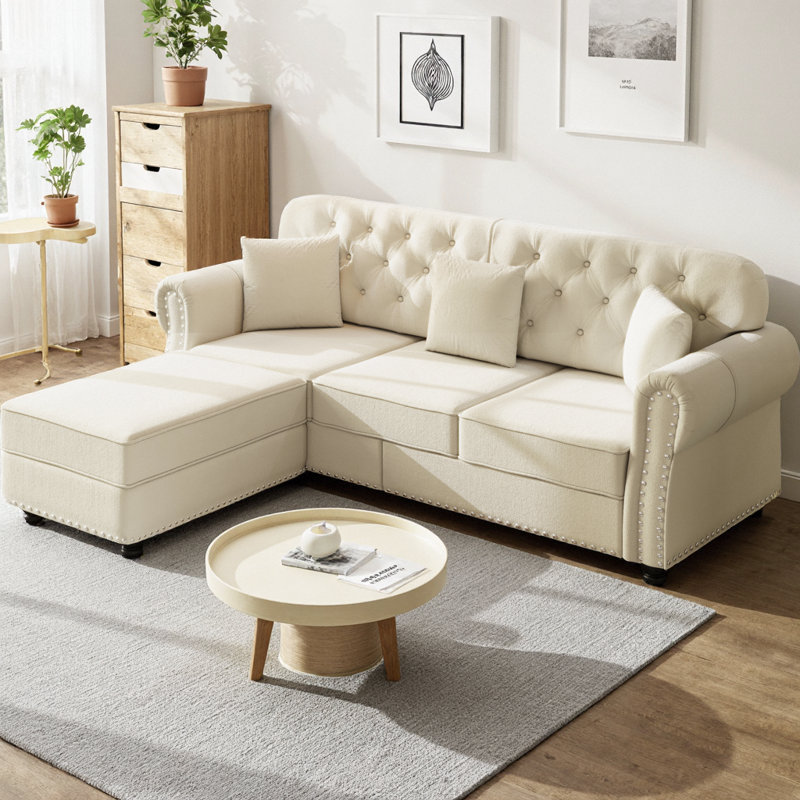 Canapé modulaire rembourré en L de 82,6 po en forme de L avec repose-pieds, style Chesterfield de style Mid-Century, capitonné avec garniture cloutée et accoudoirs roulés, comprend 3 coussins