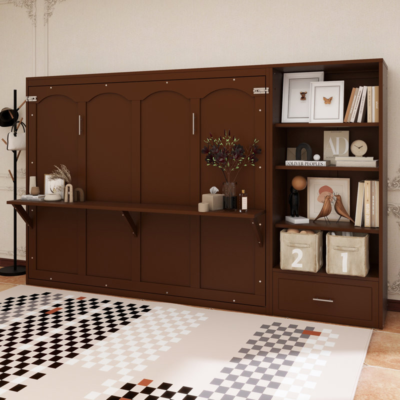 Grand lit escamotable avec compartiments de rangement à hauteur réglable et tablette, cadre de lit mural avec 1 tiroir, lit plateforme pliable multifonctionnel pour petit espace, chambre à coucher, chambre d'amis, noyer
