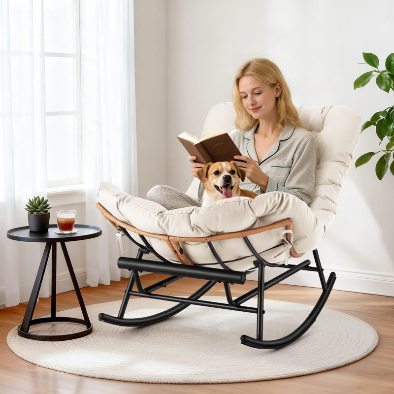 Oversized Papasan Rocking Chair Footstool Set – Thick Cushion, Durable Metal Frame, PE Rattan Lounge for Patio, Porch, Garden, Lawn, Living Room