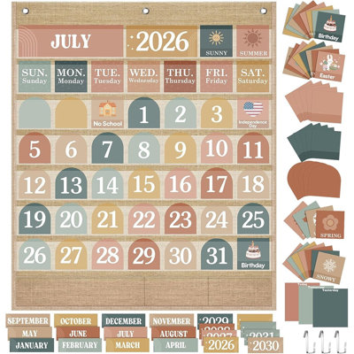 Ensemble de tableaux de poche pour calendrier scolaire - calendrier de style bohème en lin avec cartes de saisons, météo et de fêtes pour la rentrée scolaire