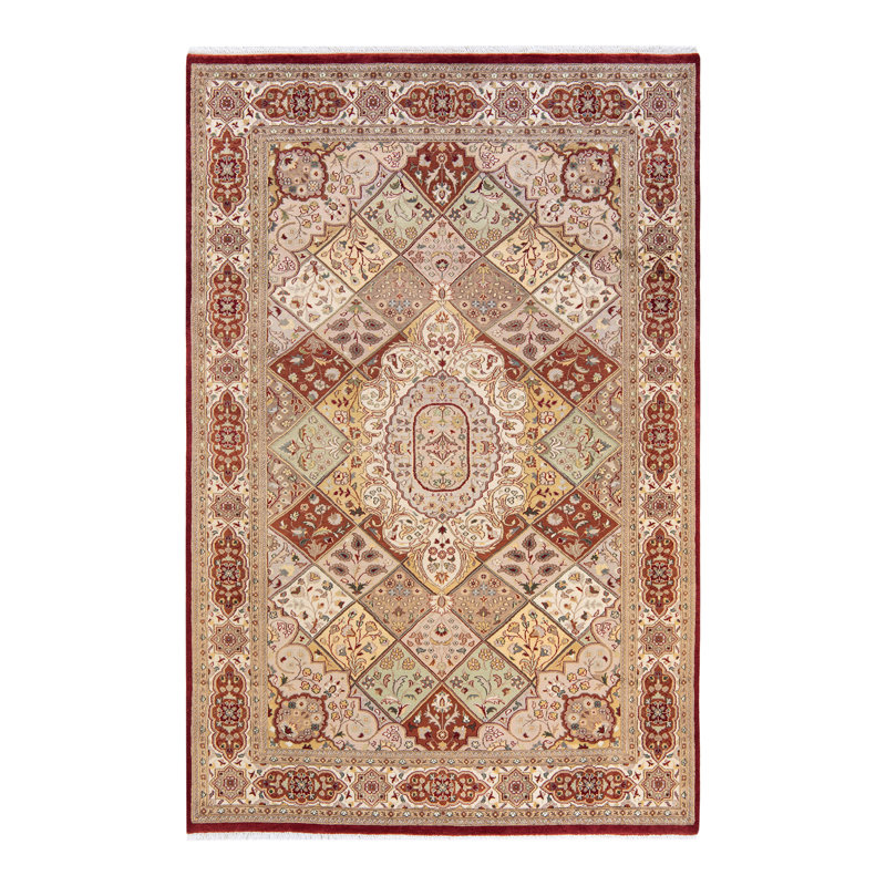 Tapis rouge en laine noué à la main de conception unique 6 pi 2 po x 9 pi 4 po Hayner