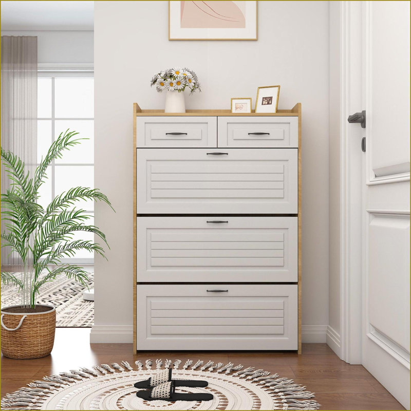 Range-chaussures blanc cassé & amp; Grand rangement noyer brun avec 3 portes et 2 tiroirs | Panneau de particules et panneau de fibres à densité moyenne | Moderne