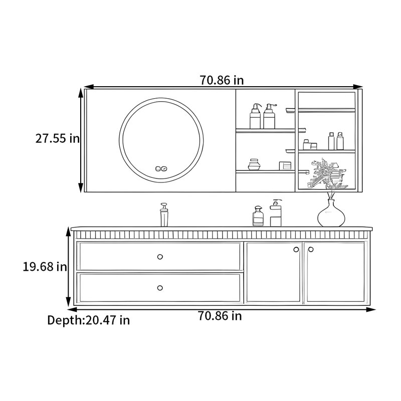 Armoire de salle de bain de style roche moyen, H 19,68 po x l 70,86 po x P 20,47 po
