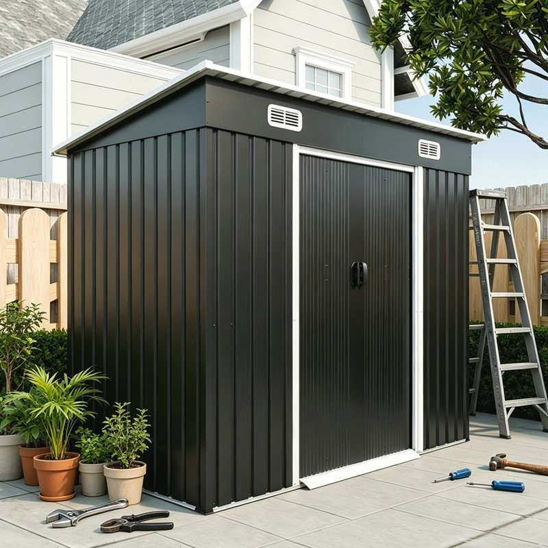 Remise de jardin en acier galvanisé résistant aux intempéries, porte double coulissante peu encombrante avec trous de cadenas, gravier en béton pour plancher sans plancher, drain de ventilation pour outils de pelouse pour vélo