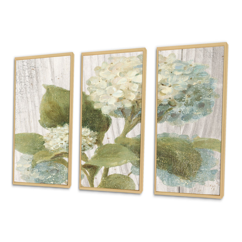 «Goauche Green Flower II - Cabin & Lodge», ensemble de 3 toiles d'art encadrées, L 36 po x H 28 po, Encadrement brun