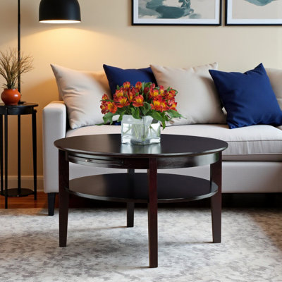 Melia Espresso Round Coffee Table with Pull Out Tray, 17.5'' H X 29.5'' W X 29.5'' D