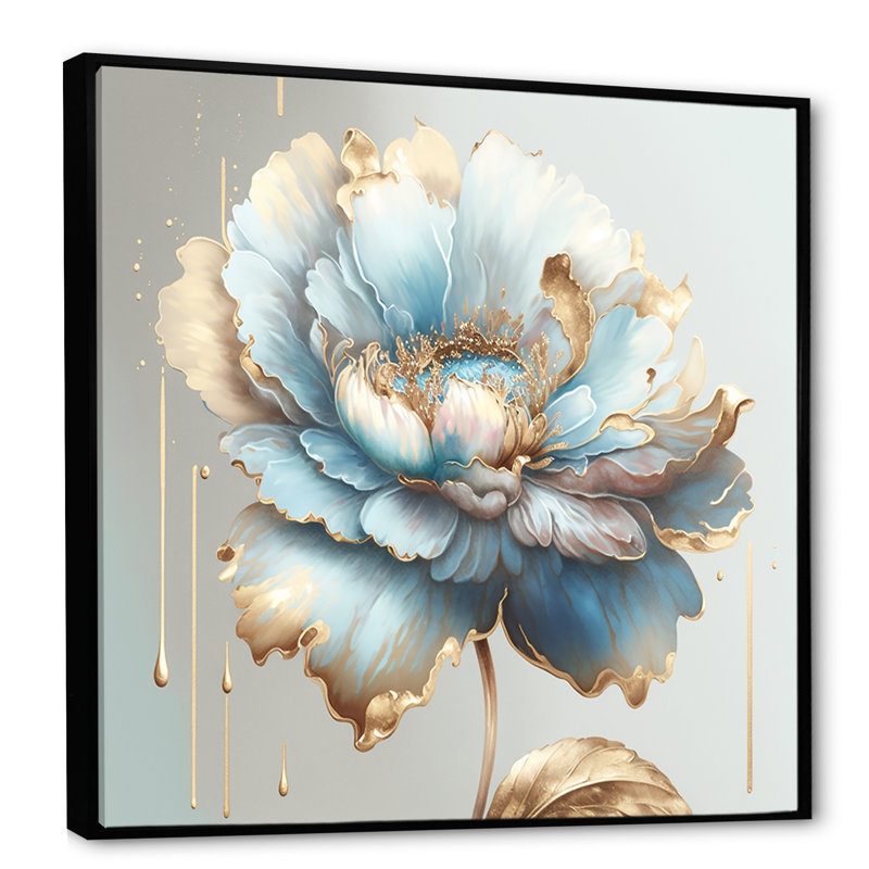 «Chic Blue Blooming Flower I», impressions sur toile et fleurs, L 16 po x H 16 po, Cadre flottant noir