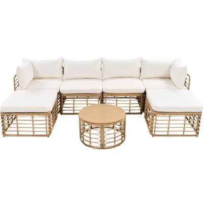 All-weather Balcony Furniture - 7 Pieces With Thick Cushions & Pillows Garden, Backyard Beige Outdoor Patio Comfort Relaxing