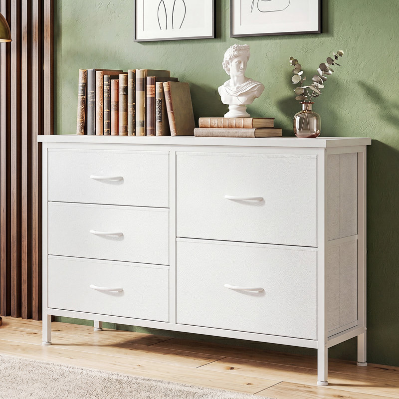 Fabric Drawer Dresser with Wood Top, 39.4’’ W Dresser with 5 Drawers, Storage Organizer, Chest of Drawers, White