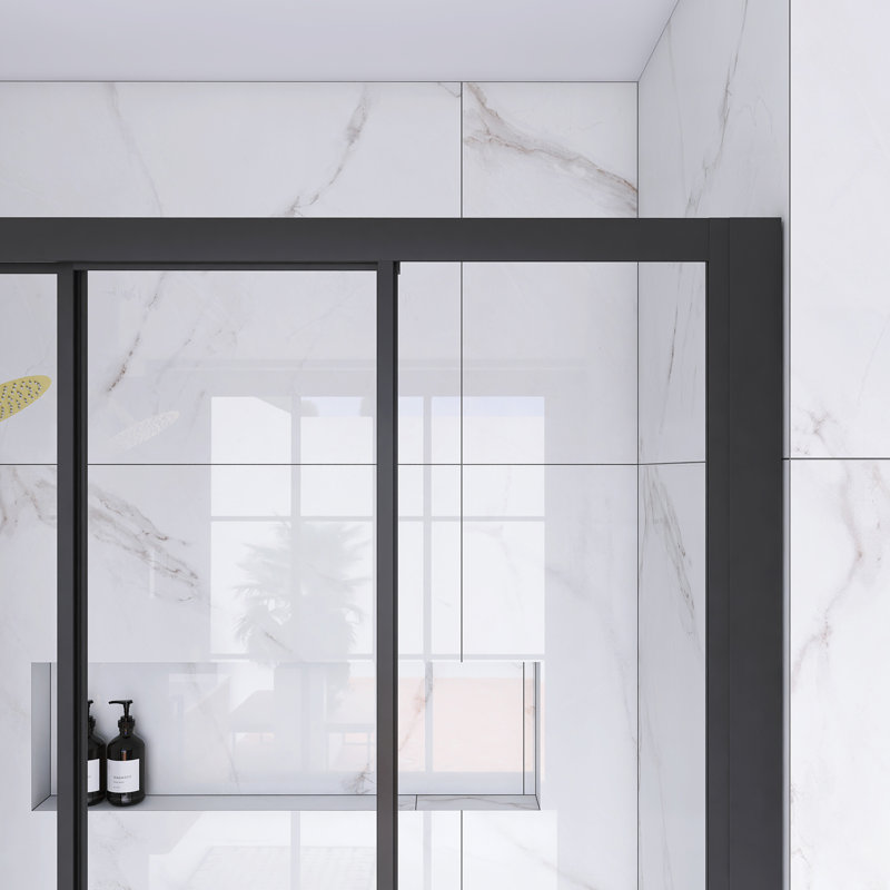 48 po X P 70 po H Porte de douche semi-encadrée avec design triple coulissant au fini noir mat