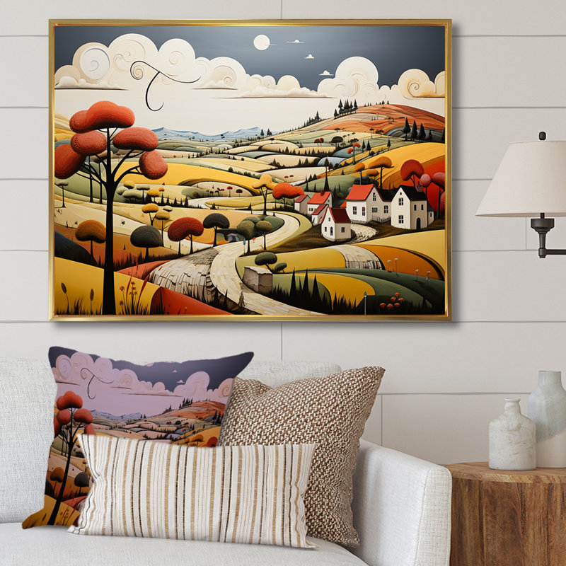 «Country Side De Stijl Lansdcape - campagne», reproduction d'art sur toile, Cadre flottant doré, H 12 po x l 20 po x P 1 po