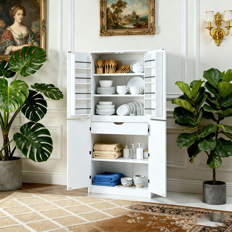 Grand garde-manger de style campagnard de 72 po avec 8 tablettes de porte, armoire de rangement incurvée avec 3 tablettes réglables, tiroir caché