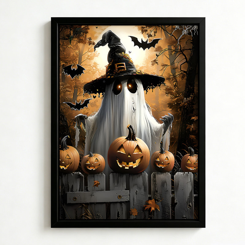 Fantôme d'Halloween coiffé d'un chapeau de sorcière, avec chauves-souris et lanternes, tableau sur toile encadré, cadre blanc, 40 x 60 cm