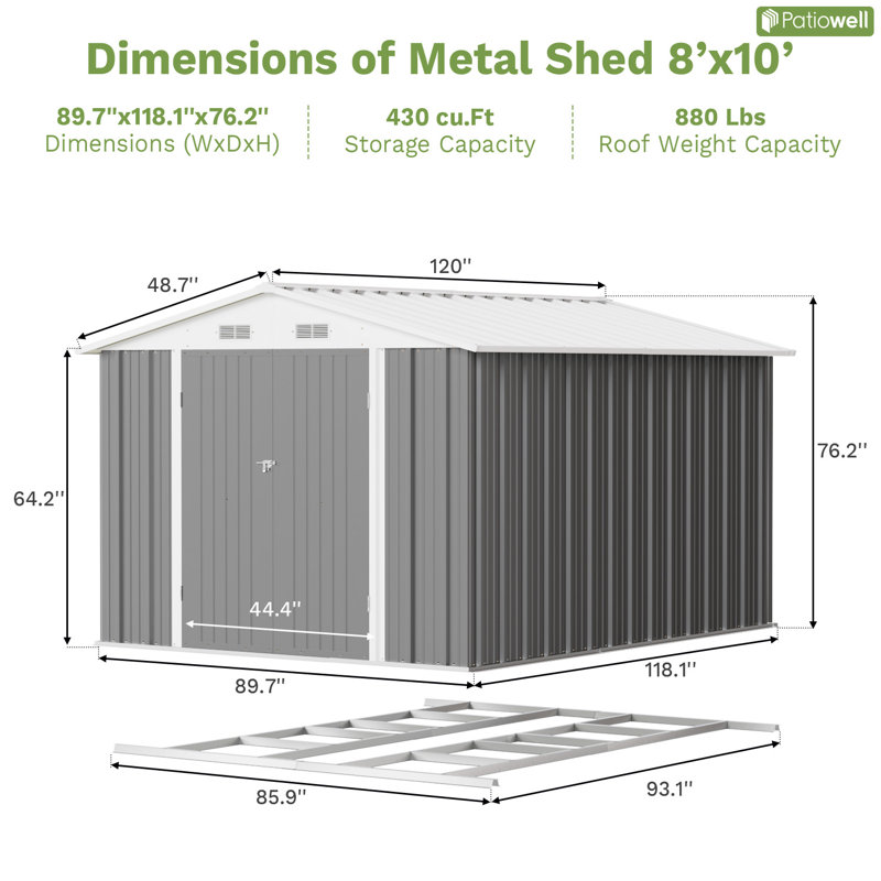 8 Ft. W X 10 Ft. D Metal Storage Shed With Frame, Gray/White