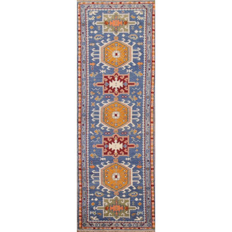 Tapis de couloir indien bleu traditionnel 2x8